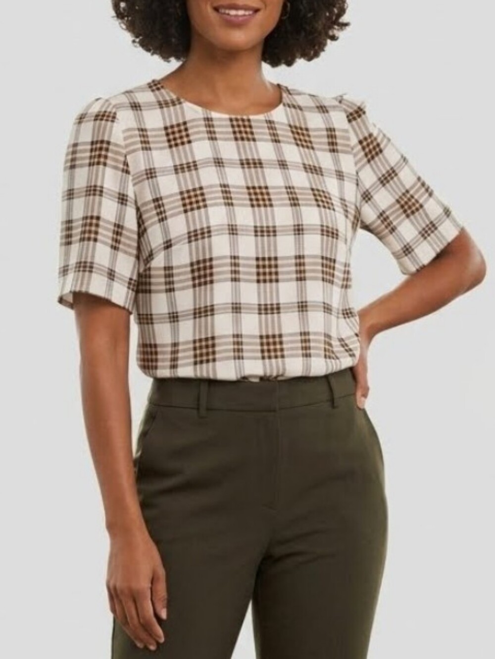 Vince Camuto Highland Plaid Pearl Ivory Blouse Top Business Casual, Preppy
